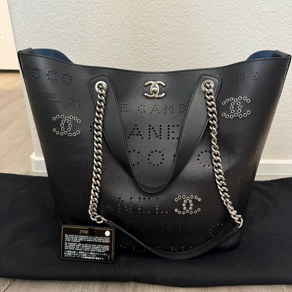 Chanel 2019 Perforated Black Leather Tote with Chain Straps - Picture 1 of 12